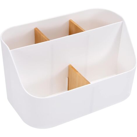 SHINING HOUSE Organizador de escritorio, caja de almacenamiento, suministros de oficina, portalápices con compartimentos de madera para el hogar, la oficina y la escuela, color blanco