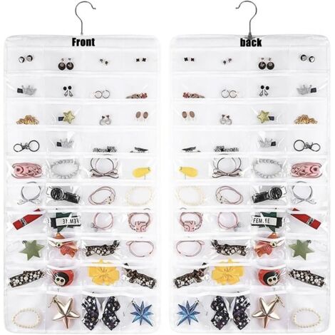 SHINING HOUSE Organizador de joyas colgante de doble cara: organizador de joyas colgante, 80 celdas pequeñas, soporte para aretes, bolsa de almacenamiento