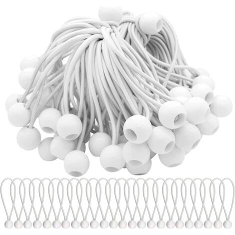 SHINING HOUSE Paquete de 50 cordones elásticos blancos con bolas de cordones elásticos para tiendas de campaña, carpas, pancartas y lonas