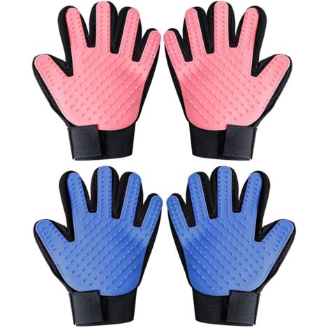 SHINING HOUSE Pares de guantes de aseo para gatos, cepillo para guantes para mascotas, guante de aseo para zurdos y diestros para pelo corto y largo, azul claro/rojo, 4 piezas