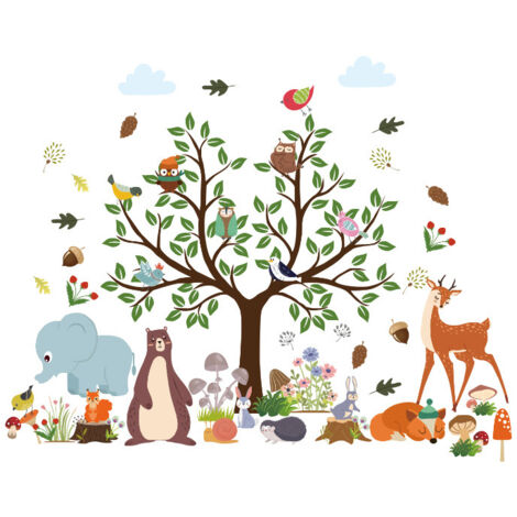 SHINING HOUSE Pegatinas de pared de animales del bosque, calcomanías de pared de animales del árbol, murales de osos y zorros para habitación de niños, guardería de bebés