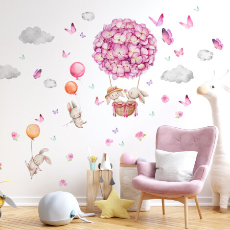 SHINING HOUSE Pegatinas de pared de animales, globo aerostático, calcomanía de pared rosa, flores, globos, elefante, oso, decoración de pared, habitación de bebé, habitación de niños, sala de estar