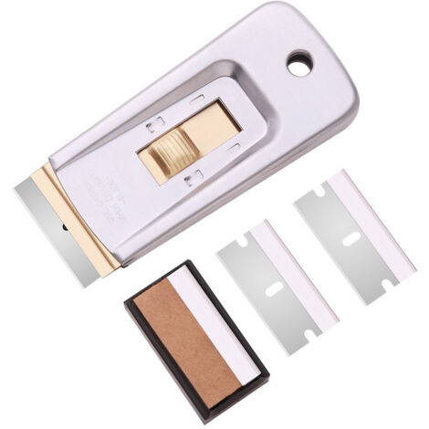 SHINING HOUSE Rascador de Ventanas Metálico Resistente y de Calidad Profesional - Anticorrosión y Antiabrasión - Cuerpo Metálico - Hoja Rectangular y Retráctil de 40 mm - Pulsador de Latón