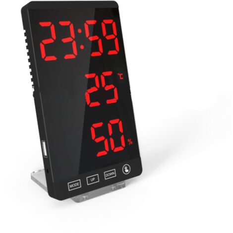 SHINING HOUSE Reloj con espejo LED, termómetro e higrómetro, reloj meteorológico electrónico, despertador, letras rojas en negrita