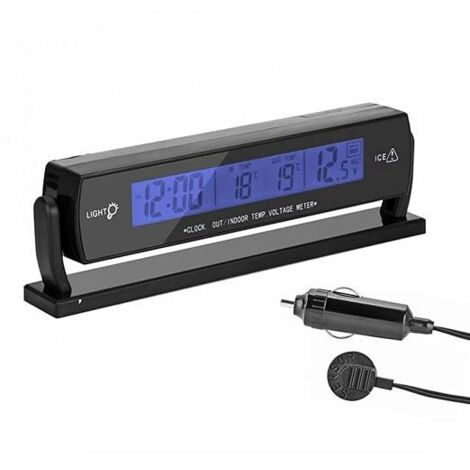 SHINING HOUSE Reloj despertador digital multifunción para automóvil con termómetro de temperatura interior y exterior, pantalla LCD, monitor de voltaje de batería, medidor y detector