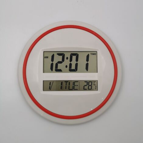 SHINING HOUSE Reloj despertador electrónico redondo, pantalla LCD grande, reloj de pared silencioso, reloj de escritorio, visualización de hora/alarma/fecha/semana/temperatura