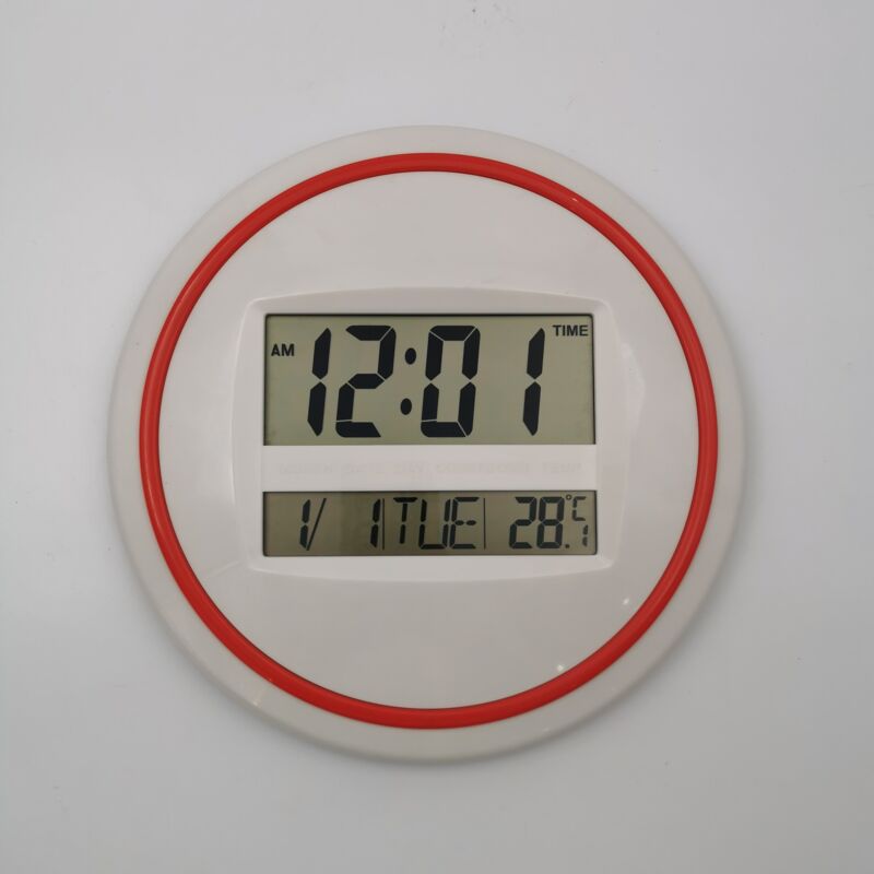 Shining House - Réveil électronique rond, grand écran lcd, horloge murale silencieuse, horloge de bureau, affichage