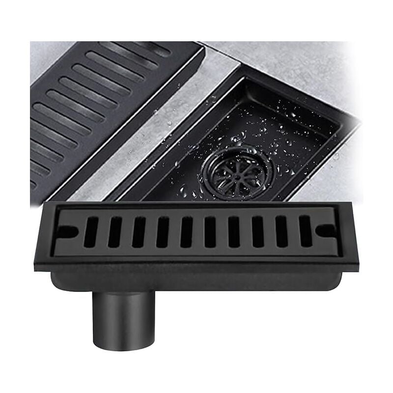 Shining House - Siphon de sol rectangulaire, siphon de sol en acier inoxydable noir 20x10 cm siphon de sol de douche avec double filtre pour wc salle