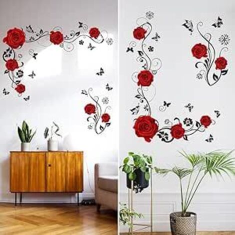SHINING HOUSE Stück Wandaufkleber, Wandaufkleber, Blumen-Wandaufkleber, rote Rosen, Wandaufkleber, Blumen und Schmetterlinge, Wandaufkleber, Wohnzimmer, Wanddekoration, Schlafzimmer, Wohnzimmer, Büro