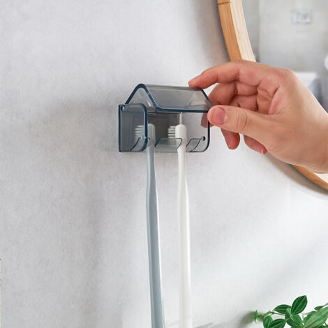 SHINING HOUSE Stück wandmontierter Zahnbürsten-Aufbewahrungs-Organizer mit Deckel, 2 Zahnbürstenfächern, selbstklebender Wandhalterung für Dusche, Wohnmobil, Badezimmer (grau)