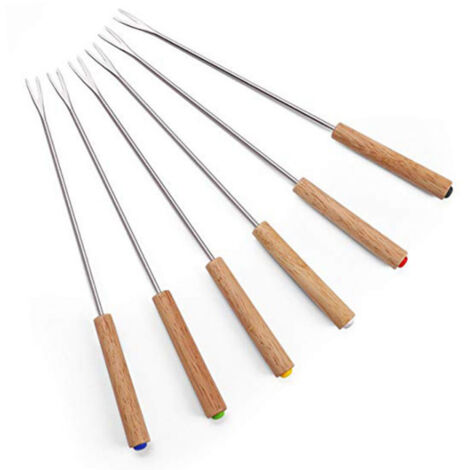 SHINING HOUSE Tenedores para fondue de queso con mango de madera, de acero inoxidable, para fondue, color burdeos, tenedor para chocolate, 24 cm, para barbacoa, pan y verduras