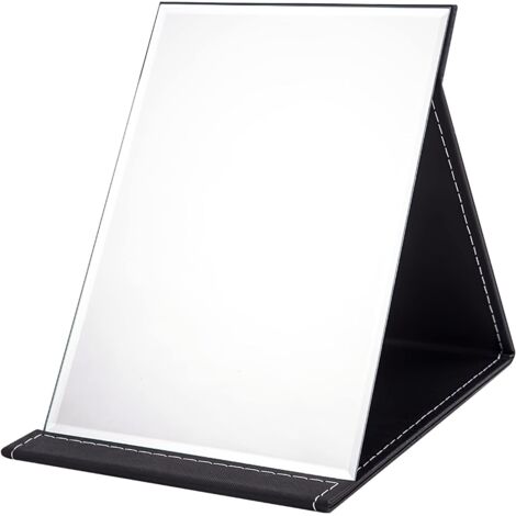 SHINING HOUSE Tragbarer Klappspiegel 17 x 12 cm, kompakter Super-HD-Schminkspiegel, Reisespiegel aus schwarzem PU-Leder, freistehender Kosmetikspiegel, klappbarer Tischspiegel