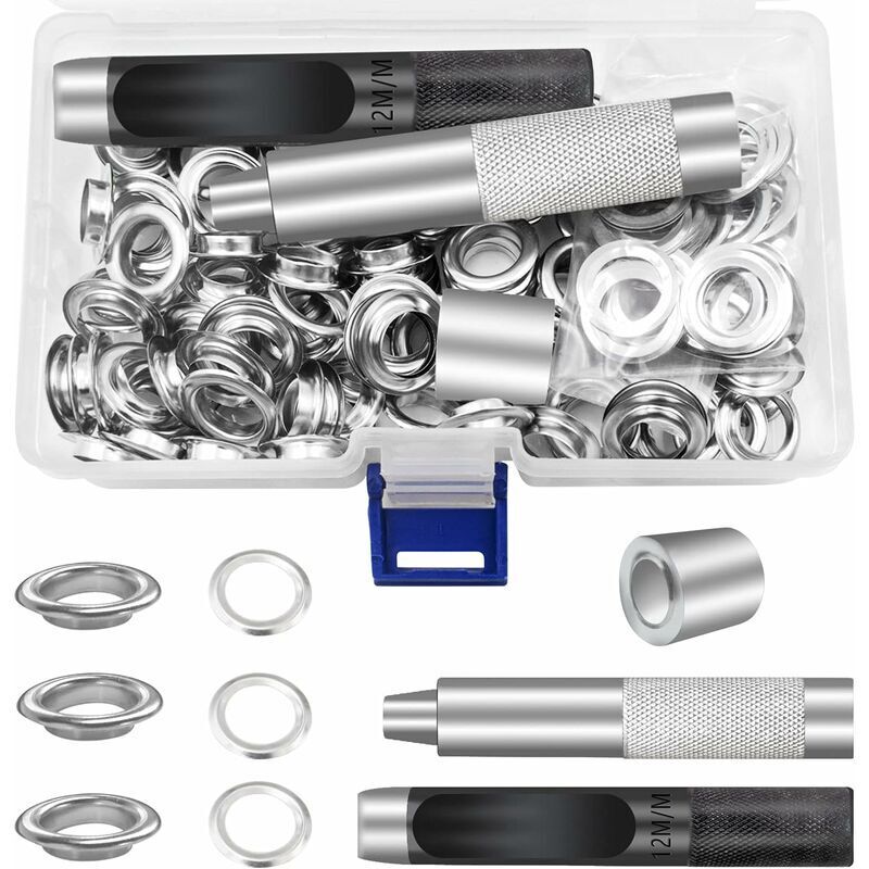 Shining House - Trousse à œillets Outils 12mm Metal Ensembles Oeillets 100 Set Kit de Grommets Eyelets Kit pour Toile Bâche Tente de Réparation