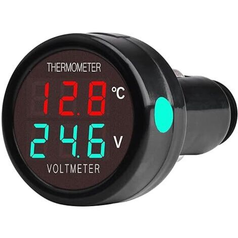 SHINING HOUSE Voltímetro digital 2 en 1, termómetro, CC de 12 V, 24 V y 36 V, medidor de temperatura y voltaje de batería, indicador de comprobación para automóviles, camiones y autobuses (rojo y verd