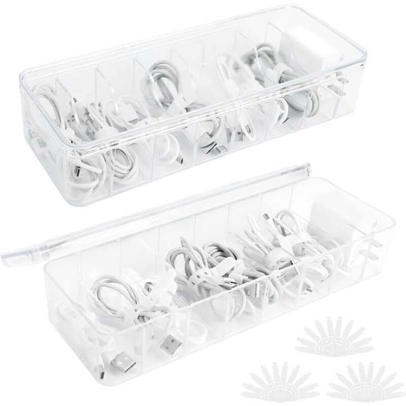 Shining House - 2 Pièce Boite Rangement Cable, Boîte de Rangement pour Plastique Câbles de Données, Transparent Boite Cache Cable avec 8