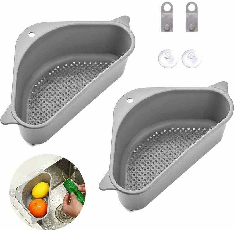 2pièces Porte Évier Triangle, Paniers de Vidange d'évier avec Ventouse Multifonctionnel Égouttoirs d'évier pour Cuisine Salle De Bain (Gris)