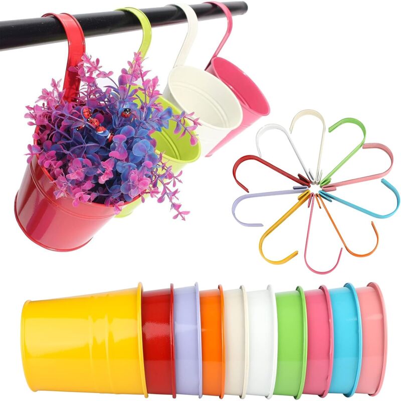 Lot de 10 pots de fleurs suspendus en métal - pour clôture ou balcon - avec crochets amovibles, 168cm,Couleur - Shining House