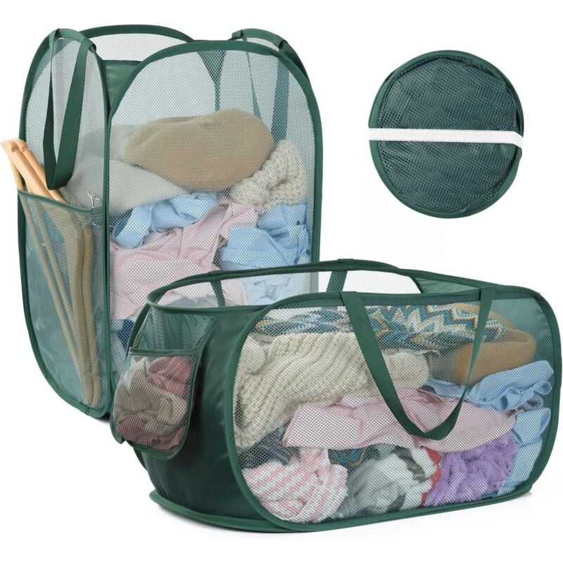 Panier à Linge Sale Pliable Grand 70L Pop Up Corbeille à Linge en Maille Bac à Linge avec Poignée et Poche Latérale Filet Sac à Linge Sale pour