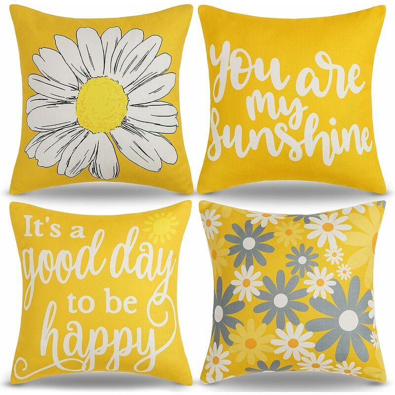 Shining House - Housse de Coussin 45x45 Fleurs Eté Extérieur Coussins Tournesol Moutarde Jaune Et Gris Marguerites Housse Coussins Décoratifs
