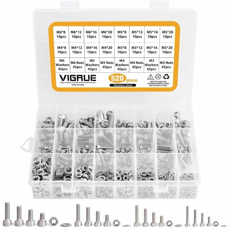 Kit 520PCS M3 M4 M5 M6 en Acier inoxydable Bouton à tête hexagonale Socket Tête Câble Boulons Vis avec écrous Assortiment