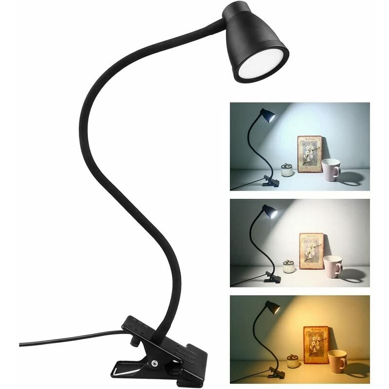 Led Lampe de Bureau à Pince, 3 Couleur Luminosité Réglable, usb Lampe de Chevet Pince, Protection des Yeux 360° Flexible Lampe de Lecture pour Étude