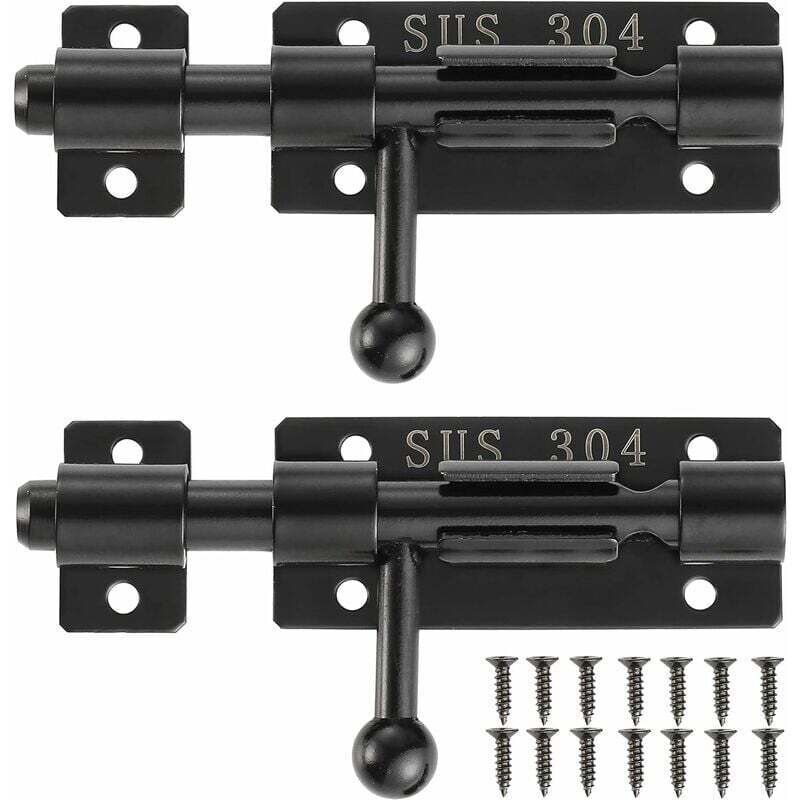 Loquet de porte à boulon avec trou de verrouillage, serrure de porte coulissante en acier inoxydable 304, 4 pouces, noir, 2 packs, 204BB-BL-2