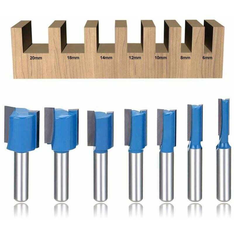 Shining House - Lot de 7 embouts de fraises droites avec tige de 8 mm pour le travail du bois 6/8/10/12/14/18/20 mm - blue