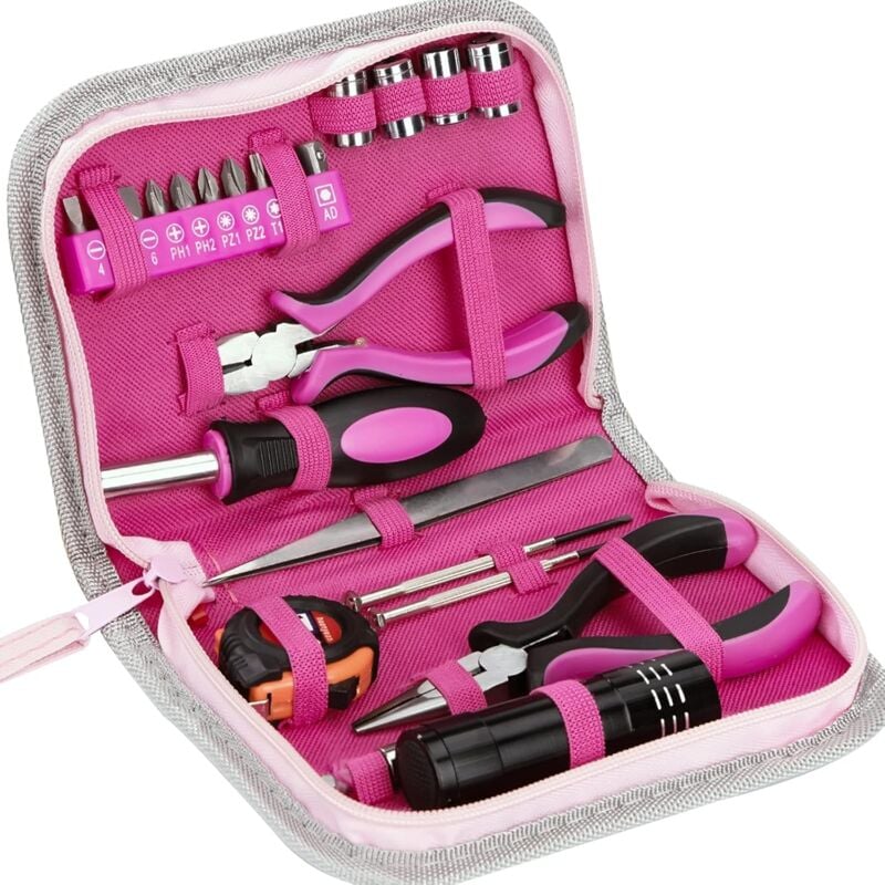 Outils Rose 23 Pièces Femmes Accueil Ensemble D'Outils avec Mètre Ruban Pinces Coupantes Douilles Tournevis pour Bricolage Et Réparation à Domicile