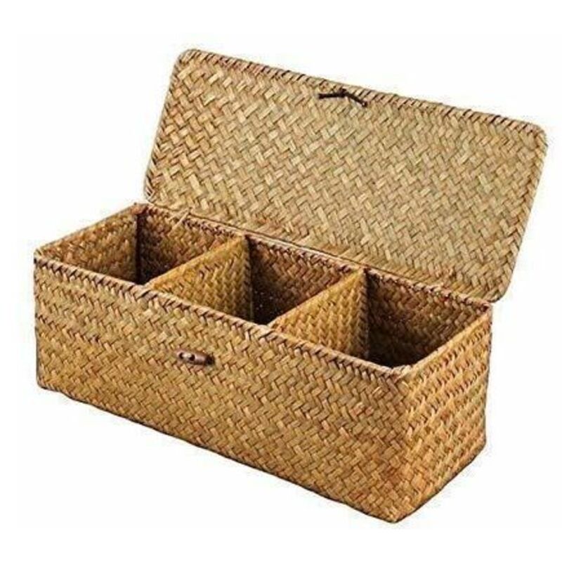 Shining House - Panier de Rangement avec Couvercle Rectangulaire Coffre en Osier avec Compartiments Organisable Papier Toilette Snack Jouets