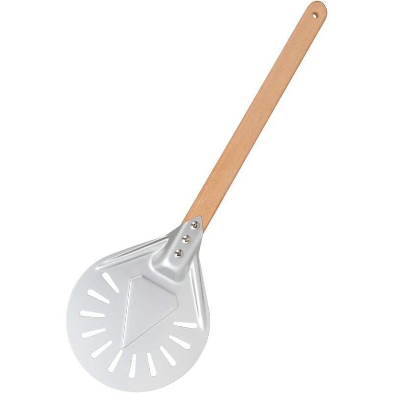 Shining House - Pelle à Pizza Ronde 7 Pouces, Pelle à Pizza Perforée avec Longue poignée en Bois Amovible, Fabriqué en Aluminium et Poignée