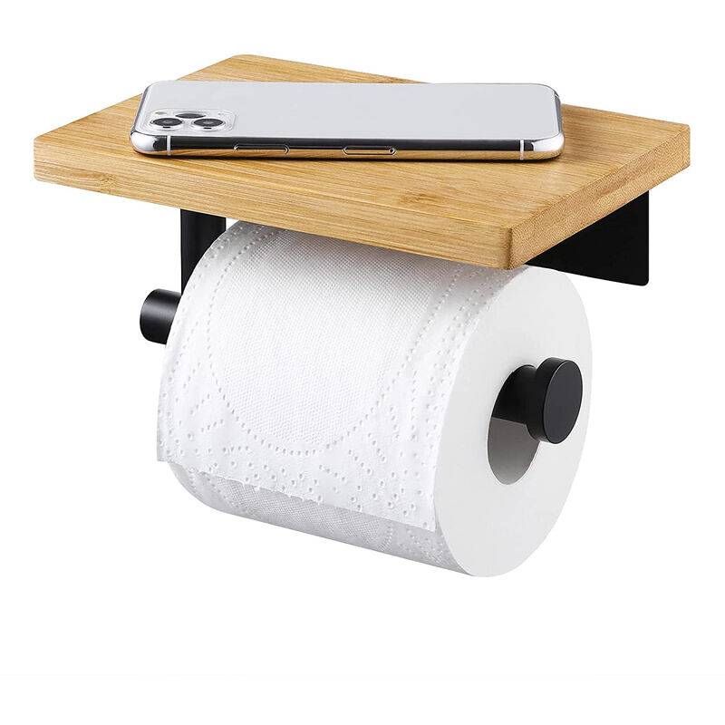 Shining House - Porte Papier Toilette Adhésif avec Etagère Bambou Porte Rouleau sans perçage en Acier Inoxydable 304