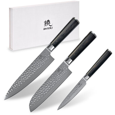 Shiori 3-Set 撓 Kuri Murō + Santoku + Sifu - un ensemble de trois couteaux en acier Damas