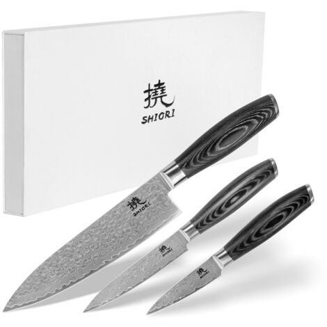 Shiori 3-Set 撓 Kuro V2 Shōto + Murō + Sifu: un juego de tres cuchillos de acero de Damasco