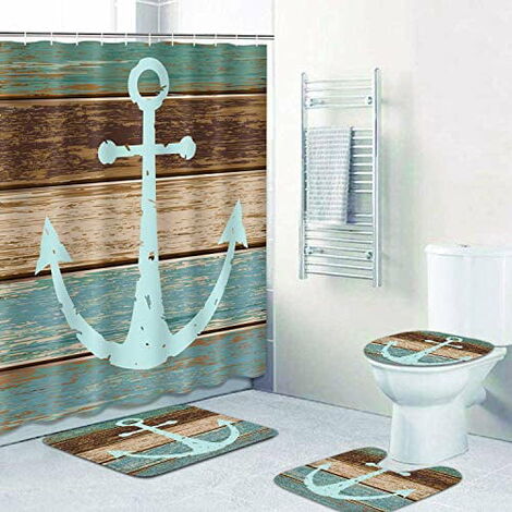 Ship Beach 4-teiliges Anker-Duschvorhang-Set, Holzplanken für Badezimmer, Set mit rutschfester Matte, Toilettendeckelbezug, Badematte und 12 Haken, 182 x 182 cm