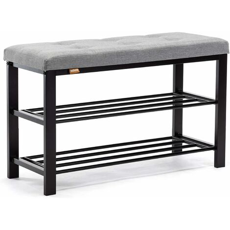 Shoe Bench 3-tier Shoe Rack Storage Shelf Organiser with Padded Cushion Seat, Steel Frame, for Entryway Hallway Living Room Industrial Accent Furniture 81x32xH50cm (Light Grey, Linen)