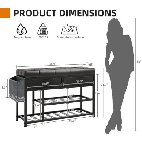 Shoe Bench with Cushion, Storage Bench with Padded Seat, Metal Shoe Rack and Fabric Drawers for Entryway, Bedroom & Living Room