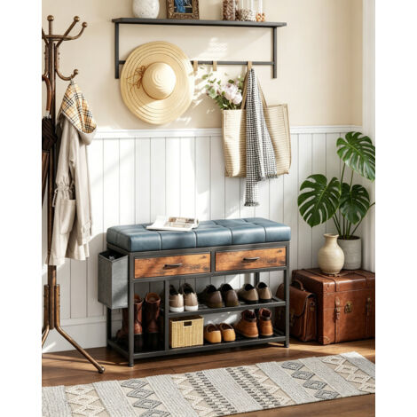 Shoe Bench with Cushion, Storage Bench with Padded Seat, Metal Shoe Racks and Fabric Drawers for Entryway, Bedroom and Living Room