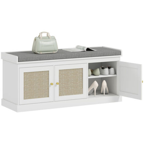 Shoe Bench with Storage, Boho Entryway Bench with Woven Rattan Doors, Adjustable Shelves and Padded Cushion, Holds Up to 9 Pairs of Shoes, for Bedroom & Living Room