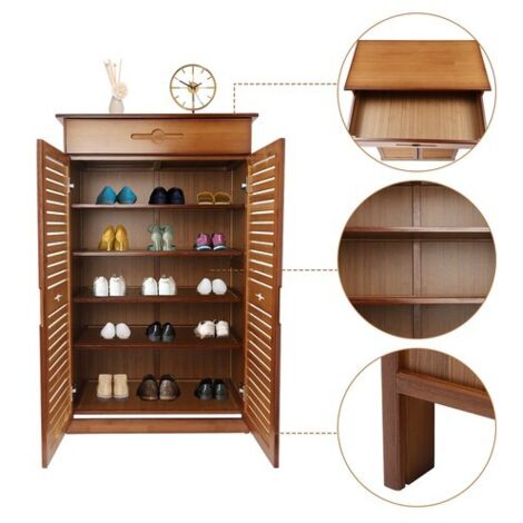 Shoe Cabinet Storage Cupboard Footwear Stand Rack Wooden Double Rattan Doors UK