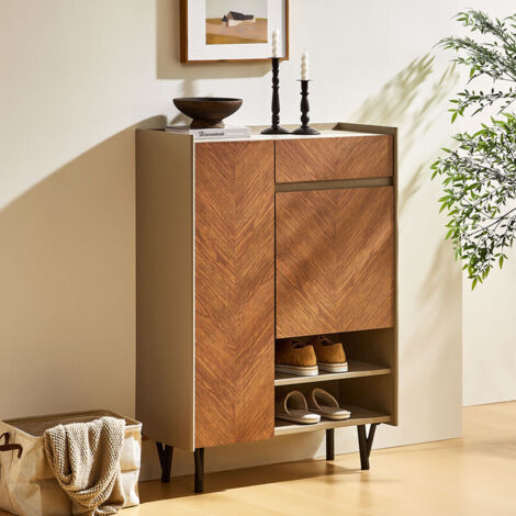 Shoe Cabinet with Drawer & 2 Doors, 9 Tier Wooden Shoe Storage Cupboard, Modern Shoe Rack for Hallway Entryway Living Room Brown
