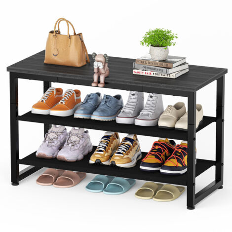 Shoe Rack, 3-Tier Shoe Storage with Wooden Shelf, Shoe Storage Bench with Seat for Entryway, Living Room, Hallway & Bedroom