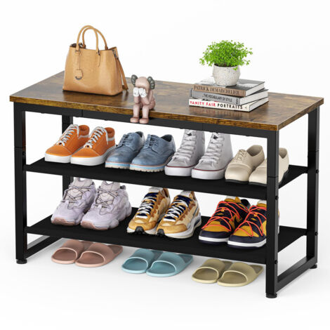 Shoe Rack, 3-Tier Shoe Storage with Wooden Shelf, Shoe Storage Bench with Seat for Entryway, Living Room, Hallway & Bedroom