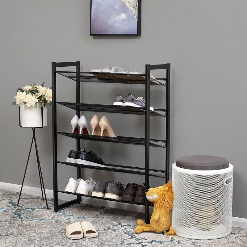 5 Tier Metal Mesh Shoe Rack With Flat Angled Shelves Large Stackable And Adjustable Boots Storage Organiser In Hallway Closet Lmr005b