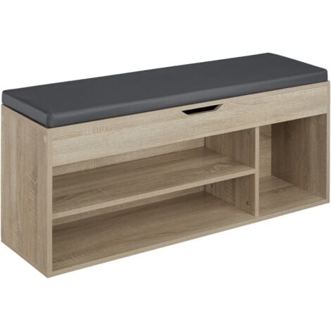 Shoe Rack Natalya - 4 storage spaces, bench seat cushion, for 9 pairs of shoes - bench, storage bench, shoe storage cabinet - Wood light, oak Sonoma