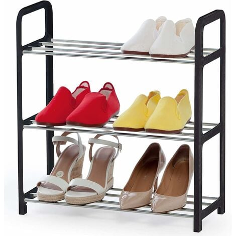 main image of "Shoe rack on 3 levels, rust-free, space-saving, shoe rack 3 levels, tubular steel, plastic, black, silver"