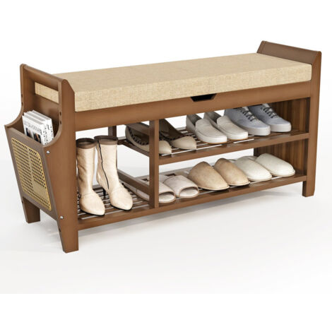 Shoe Storage Bench, Bamboo Shoe Bench with Padded Seat, Shoe Storage Cabinet with 3 Compartments, Hidden Storage & Shelf for Entryway, Living Room, Hallway & Bedroom