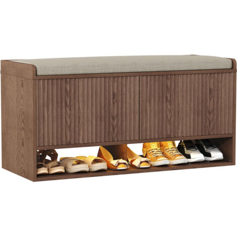 Shoe Storage Bench, Entryway Bench with Linen Seat Cushion, Shoe Cabinet Bench with Adjustable Shelf and Built-in LED Sensor Light
