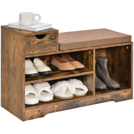 Shoe Storage Bench, Industrial Shoe Rack with Seat Cushion, Drawer & 3 Open Compartments, Wooden Hallway Bench Cabinet & Bed-End Stool Organizer for Entryway & Bedroom