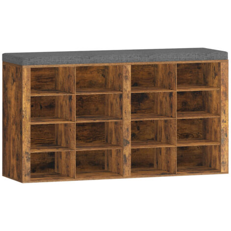 Shoe Storage Bench with Padded Seat, Shoe Rack Bench with 16 Open Compartments & Adjustable Shelves, Shoe Cabinet with Cushion for Hallway, Living Room & Bedroom