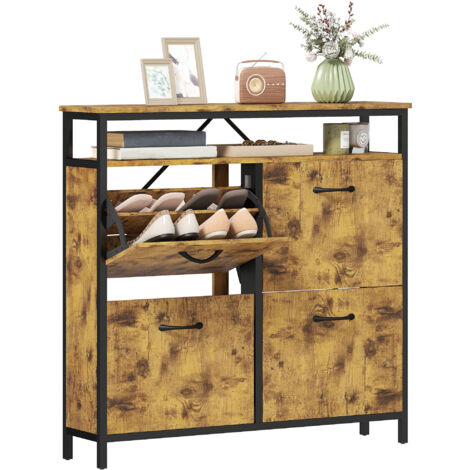 Shoe Storage Cabinet with 4 Flip Drawers and Open Shelf - Rustic Brown